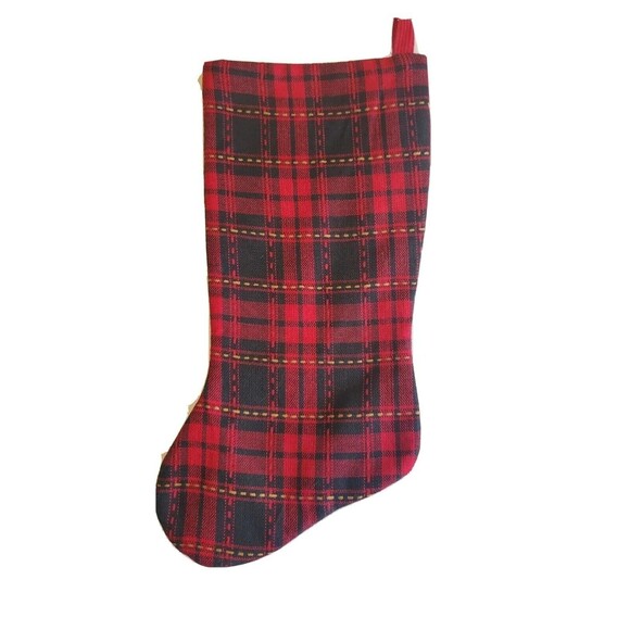 Classic Plaid Christmas Stocking Red W/ Corduroy Detail Festive Country Decor - Picture 2 of 7
